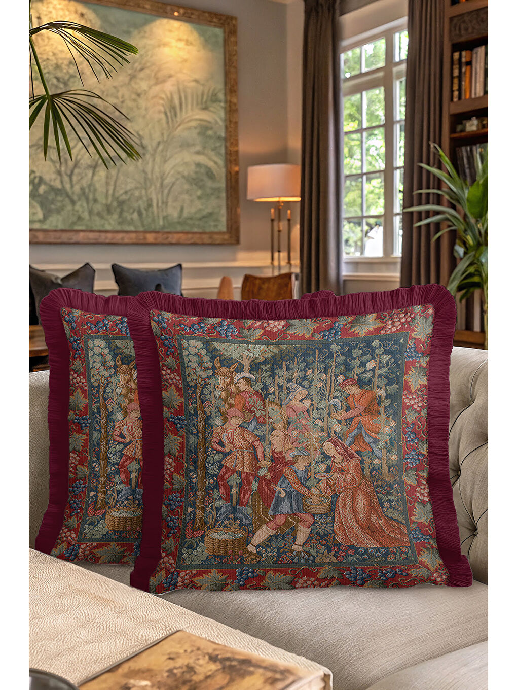 Karışık Avangart Kraliyet Sarayı Saçaklı Yastık Kılıfı - Gotik Nostaljik Rengi Püsküllü Kırlent Kılıfı-7