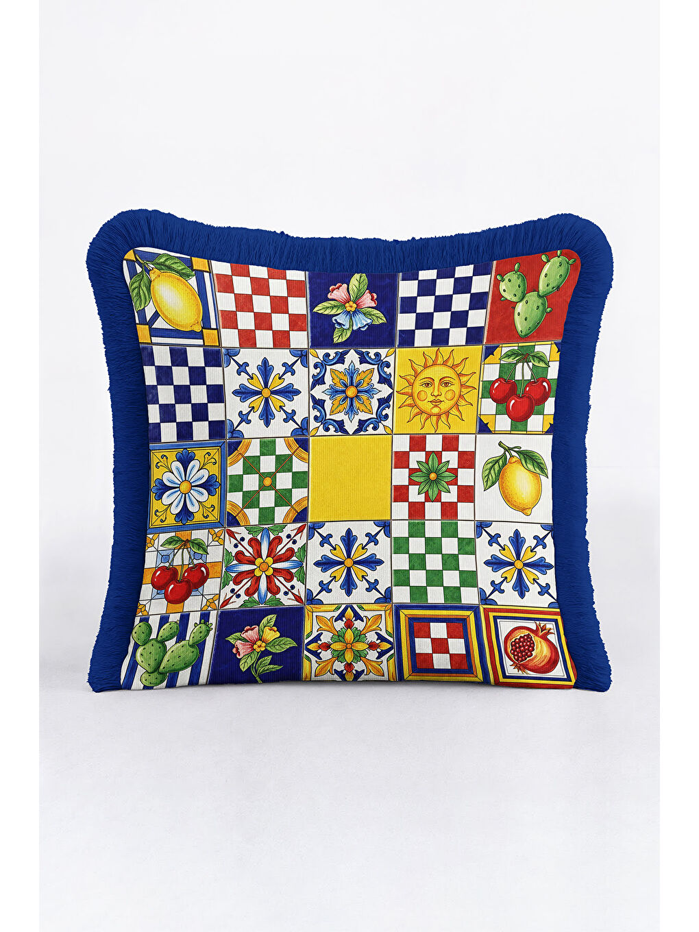 Karışık İtalyan Seramik Motifli Saçaklı Yastık Kılıfı - Akdeniz Eklektik Renkli Mavi Püsküllü Kırlent Kılıfı-1