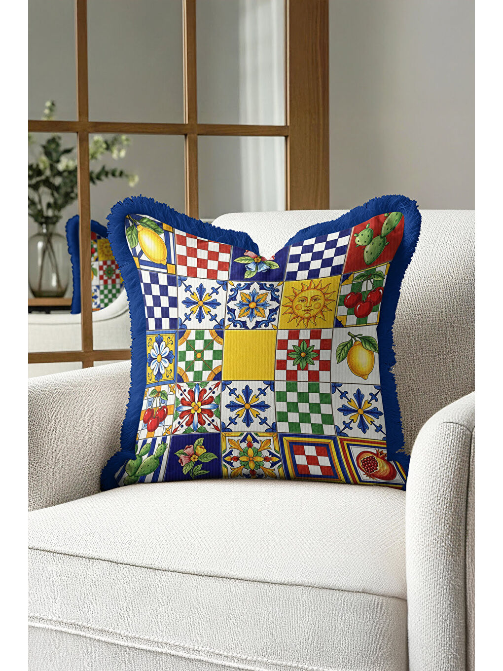 Karışık İtalyan Seramik Motifli Saçaklı Yastık Kılıfı - Akdeniz Eklektik Renkli Mavi Püsküllü Kırlent Kılıfı-3