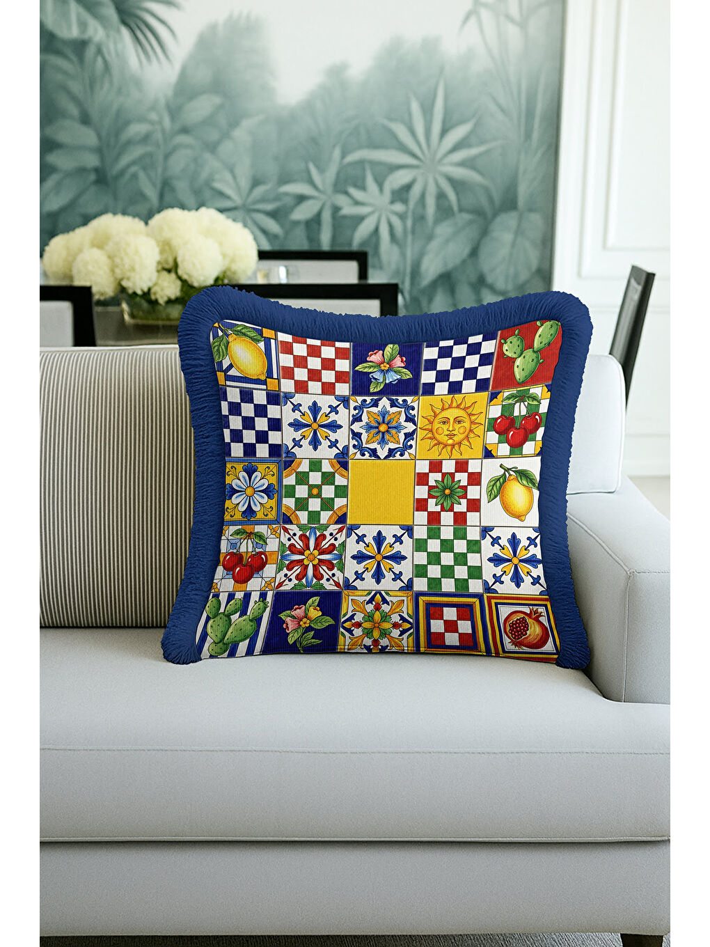 Karışık İtalyan Seramik Motifli Saçaklı Yastık Kılıfı - Akdeniz Eklektik Renkli Mavi Püsküllü Kırlent Kılıfı-4