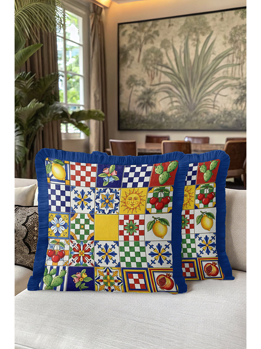 Karışık İtalyan Seramik Motifli Saçaklı Yastık Kılıfı - Akdeniz Eklektik Renkli Mavi Püsküllü Kırlent Kılıfı-5