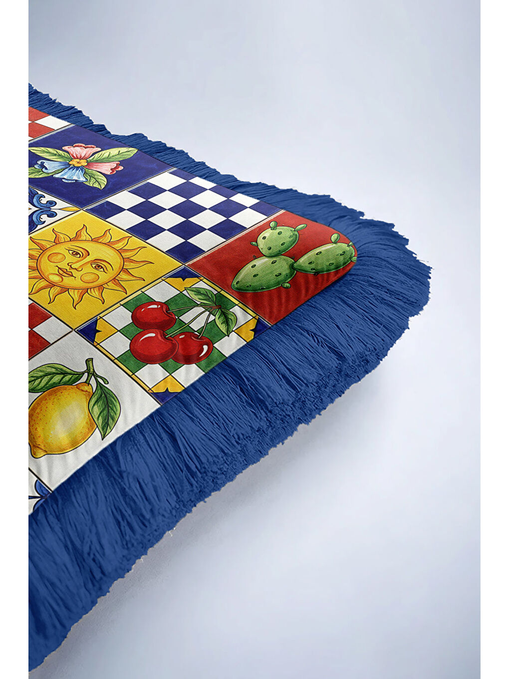 Karışık İtalyan Seramik Motifli Saçaklı Yastık Kılıfı - Akdeniz Eklektik Renkli Mavi Püsküllü Kırlent Kılıfı-6