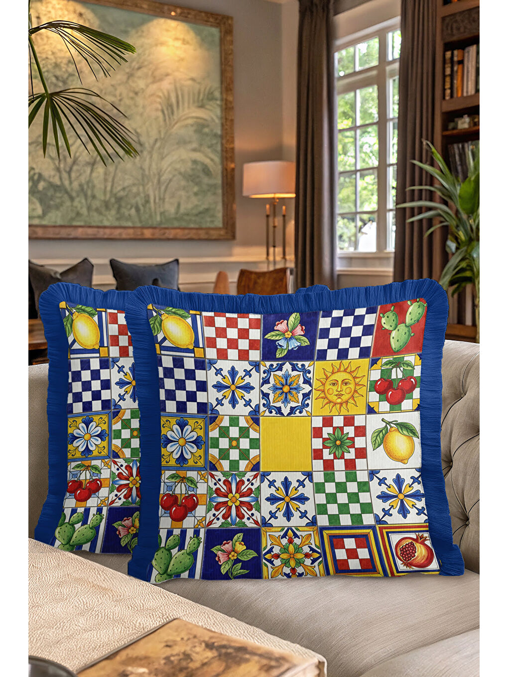 Karışık İtalyan Seramik Motifli Saçaklı Yastık Kılıfı - Akdeniz Eklektik Renkli Mavi Püsküllü Kırlent Kılıfı-7