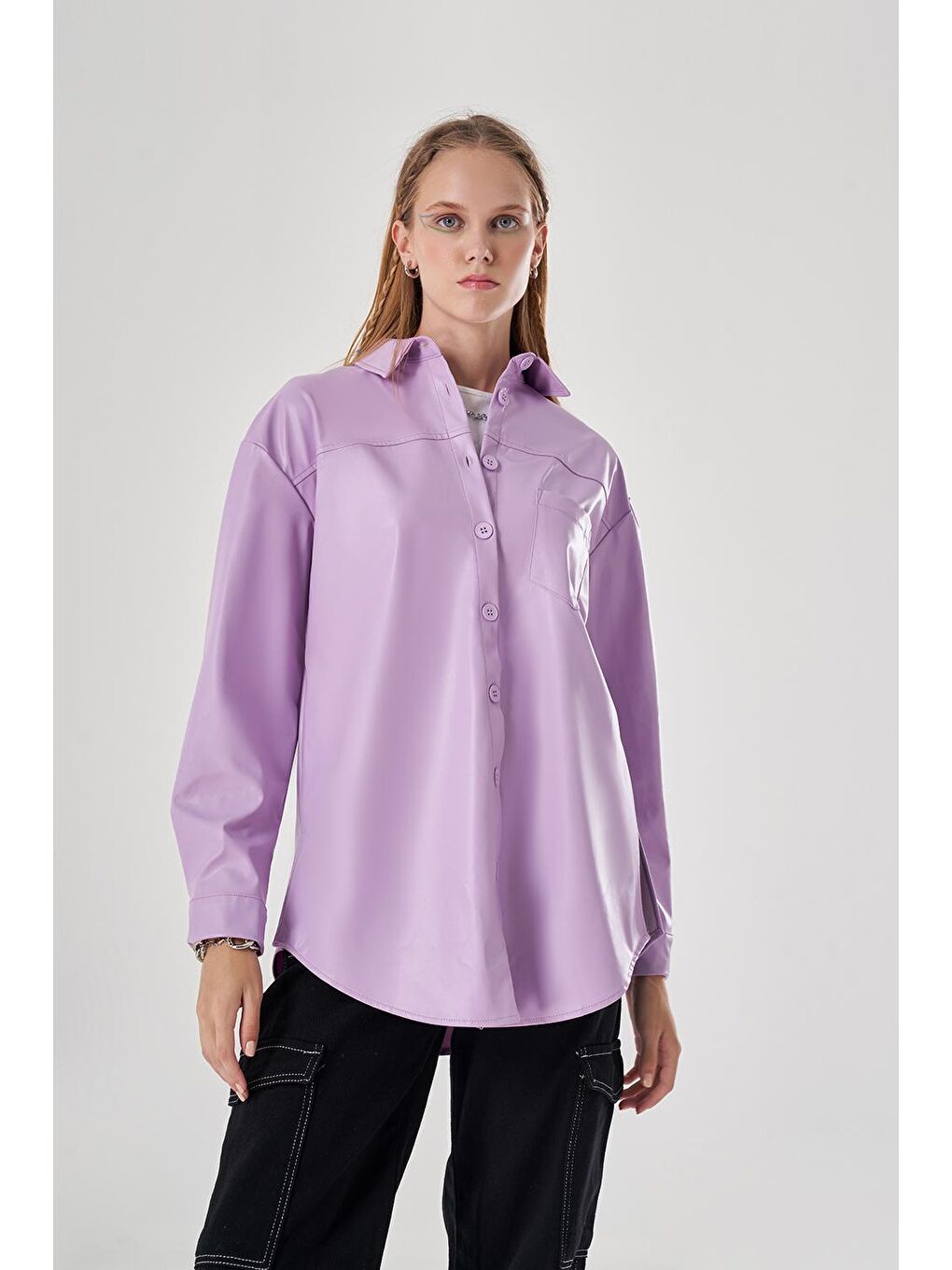 Deri Detaylı Renkli Lila Gömlek-2