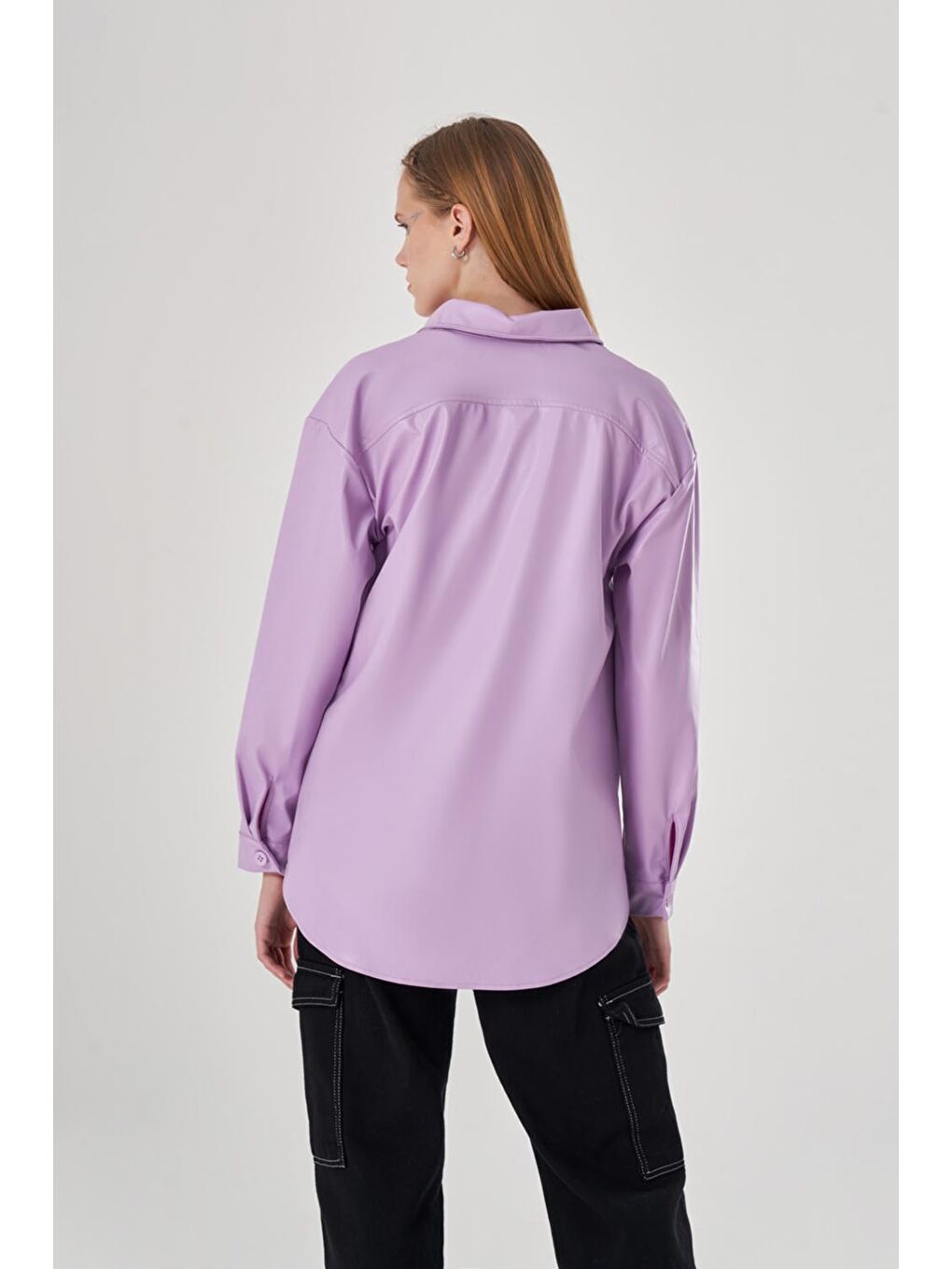 Deri Detaylı Renkli Lila Gömlek-3