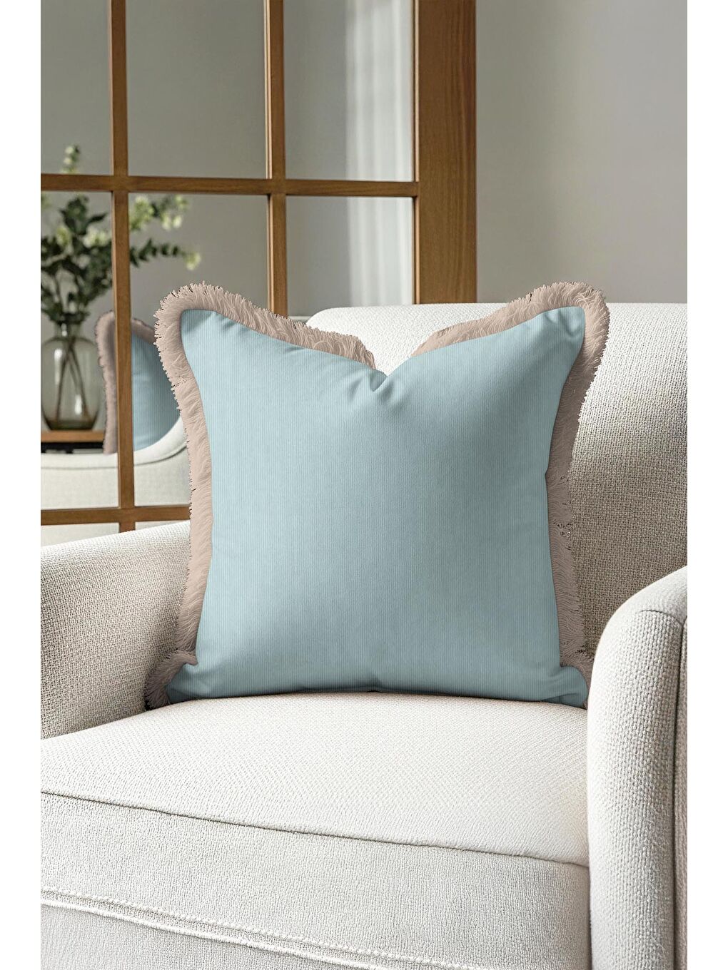Karışık Lüks Zarif Saçaklı Yastık Kılıfı - Pastel Mavi Rustik Bej Püsküllü Kırlent Kılıfı