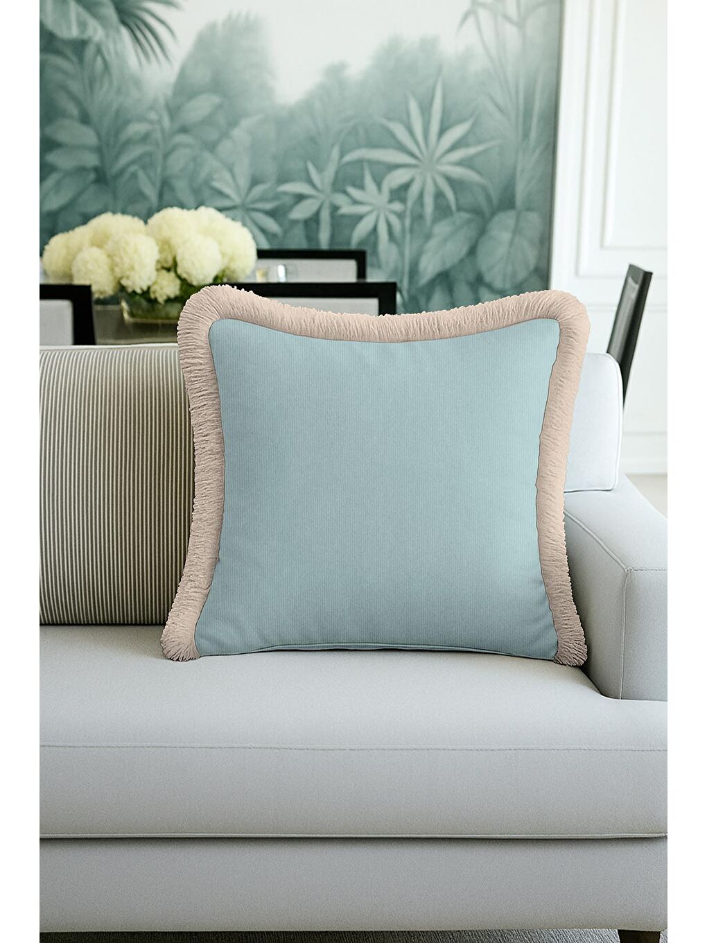 Karışık Lüks Zarif Saçaklı Yastık Kılıfı - Pastel Mavi Rustik Bej Püsküllü Kırlent Kılıfı-2