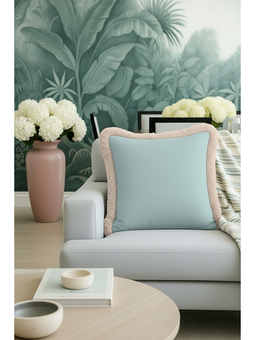 Karışık Lüks Zarif Saçaklı Yastık Kılıfı - Pastel Mavi Rustik Bej Püsküllü Kırlent Kılıfı-3