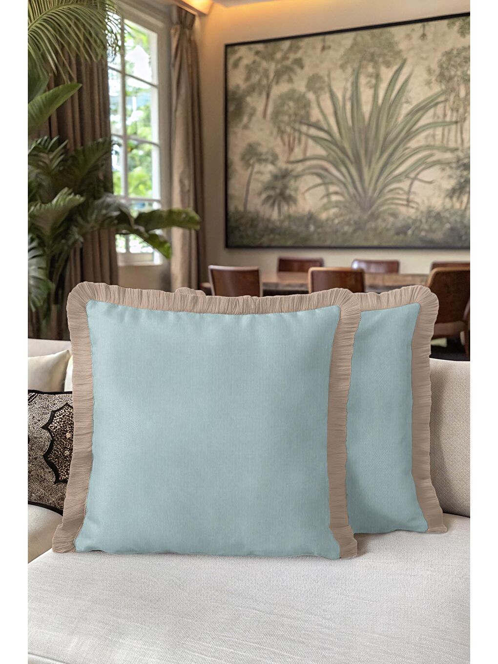 Karışık Lüks Zarif Saçaklı Yastık Kılıfı - Pastel Mavi Rustik Bej Püsküllü Kırlent Kılıfı-5