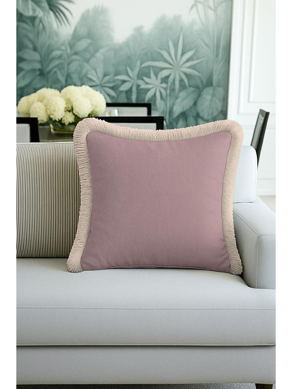 Karışık Vintage Lüks Pudra Saçaklı Yastık Kılıfı - Soft Pastel Country Bej Püsküllü Kırlent Kılıfı-3