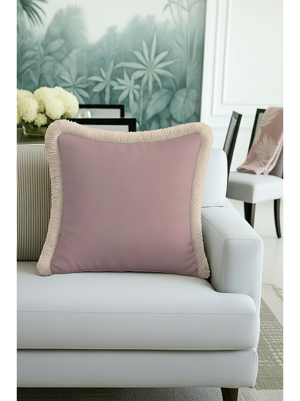 Karışık Vintage Lüks Pudra Saçaklı Yastık Kılıfı - Soft Pastel Country Bej Püsküllü Kırlent Kılıfı-4