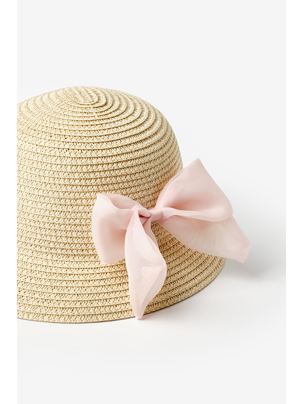 Beyaz Fiyonk Detaylı Kız Çocuk Hasır Bucket Şapka-1