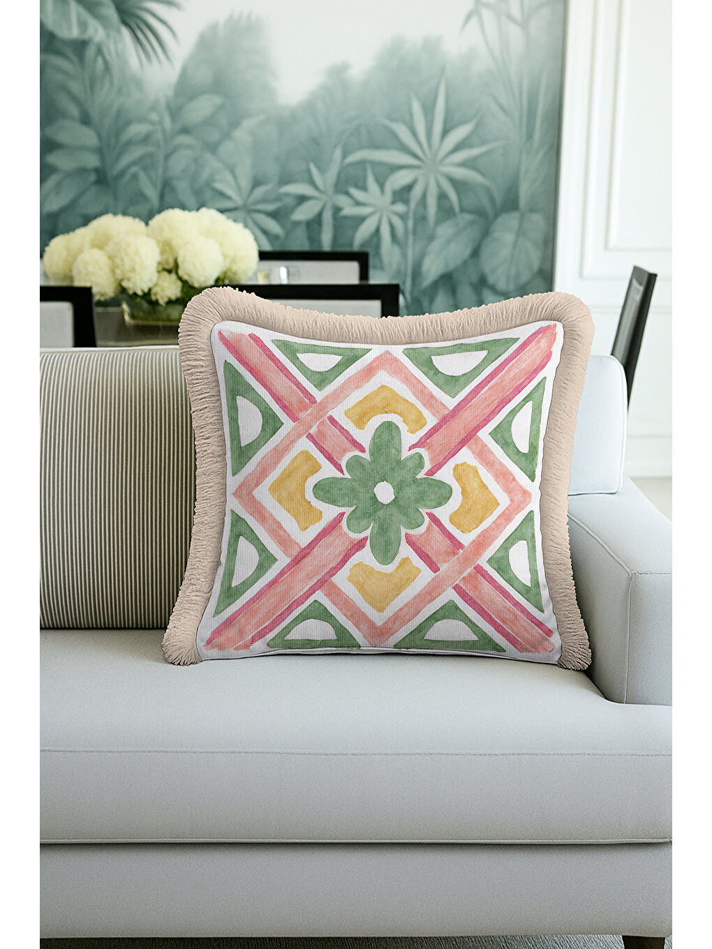 Karışık Etnik Motifli Saçaklı Yastık Kılıfı - Vintage Bohem Karma Renkli Bej Saçaklı Püsküllü Kırlent Kılıfı-1