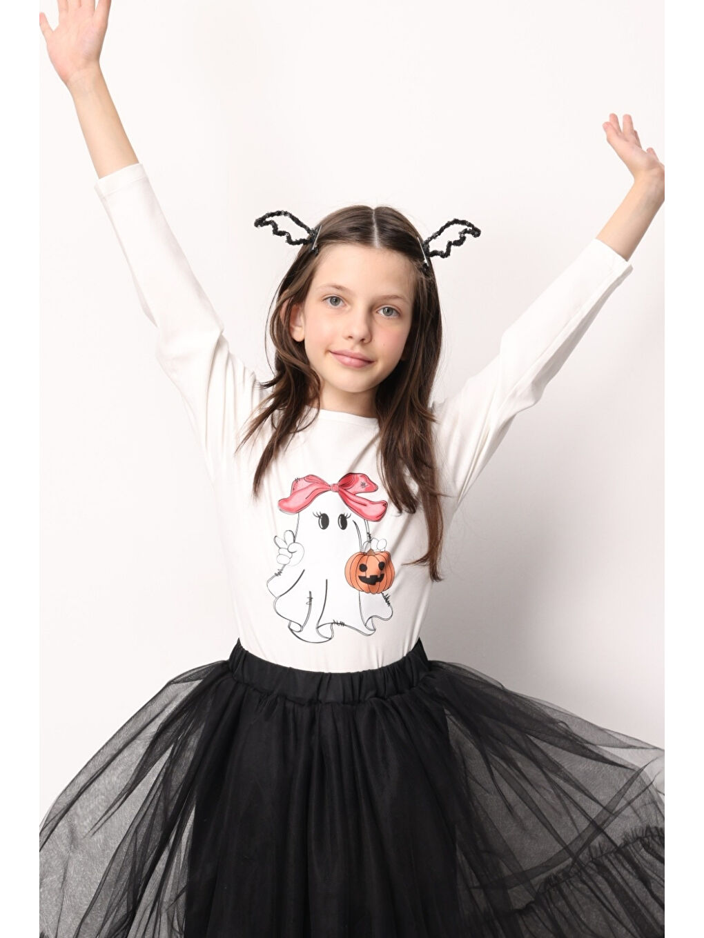 Siyah Sevimli Hayalet Baskılı Kız Çocuk Tişört-2