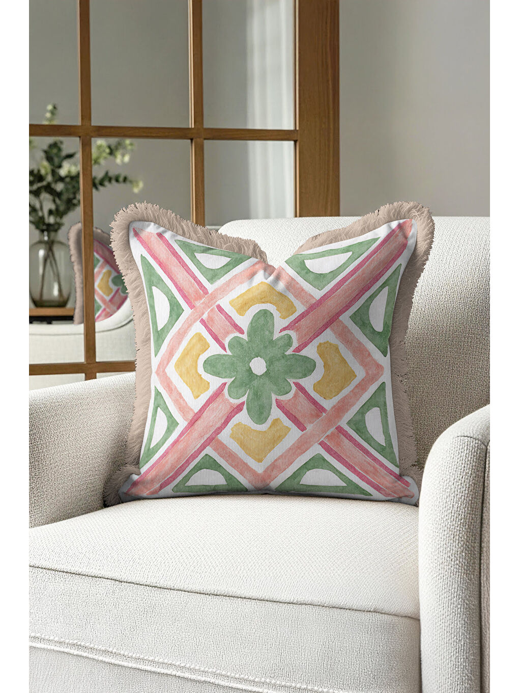 Karışık Etnik Motifli Saçaklı Yastık Kılıfı - Vintage Bohem Karma Renkli Bej Saçaklı Püsküllü Kırlent Kılıfı-2