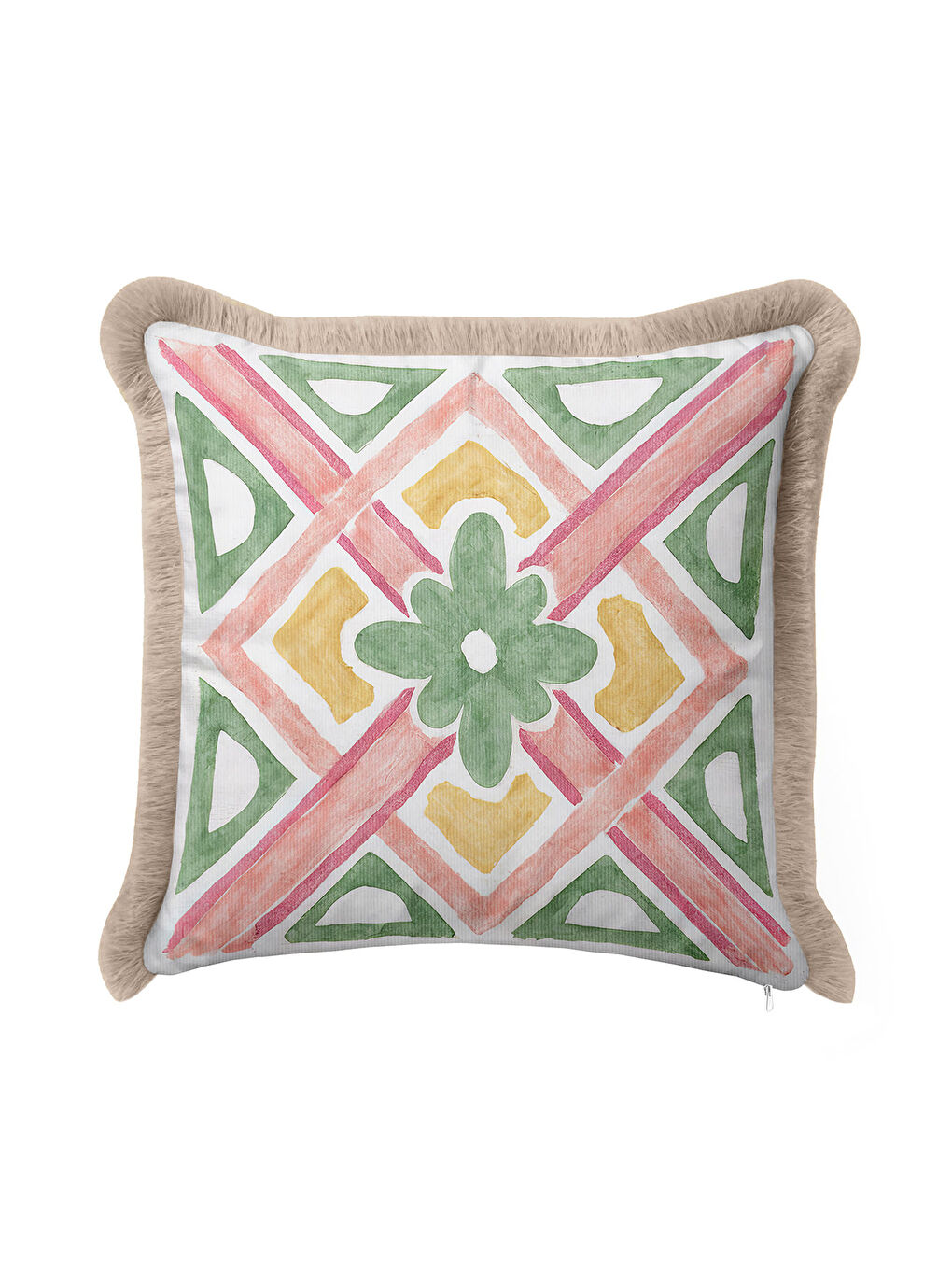 Karışık Etnik Motifli Saçaklı Yastık Kılıfı - Vintage Bohem Karma Renkli Bej Saçaklı Püsküllü Kırlent Kılıfı-3