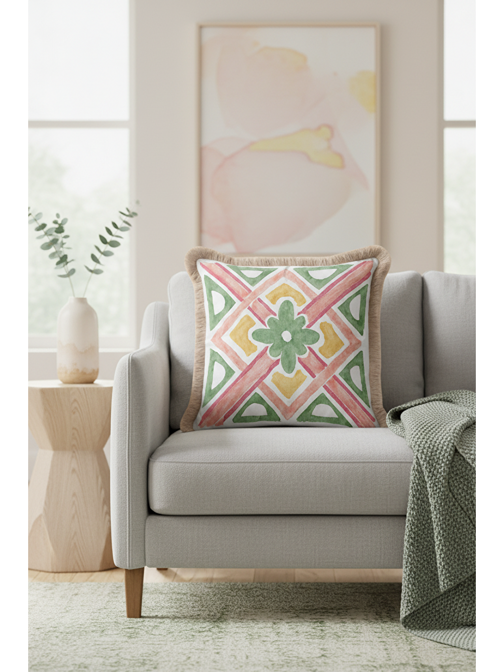 Karışık Etnik Motifli Saçaklı Yastık Kılıfı - Vintage Bohem Karma Renkli Bej Saçaklı Püsküllü Kırlent Kılıfı-4