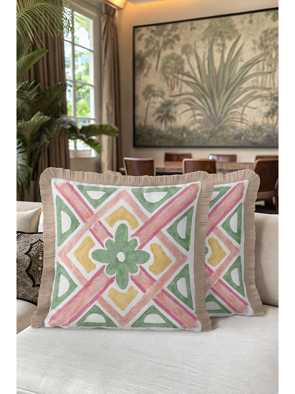 Karışık Etnik Motifli Saçaklı Yastık Kılıfı - Vintage Bohem Karma Renkli Bej Saçaklı Püsküllü Kırlent Kılıfı-5