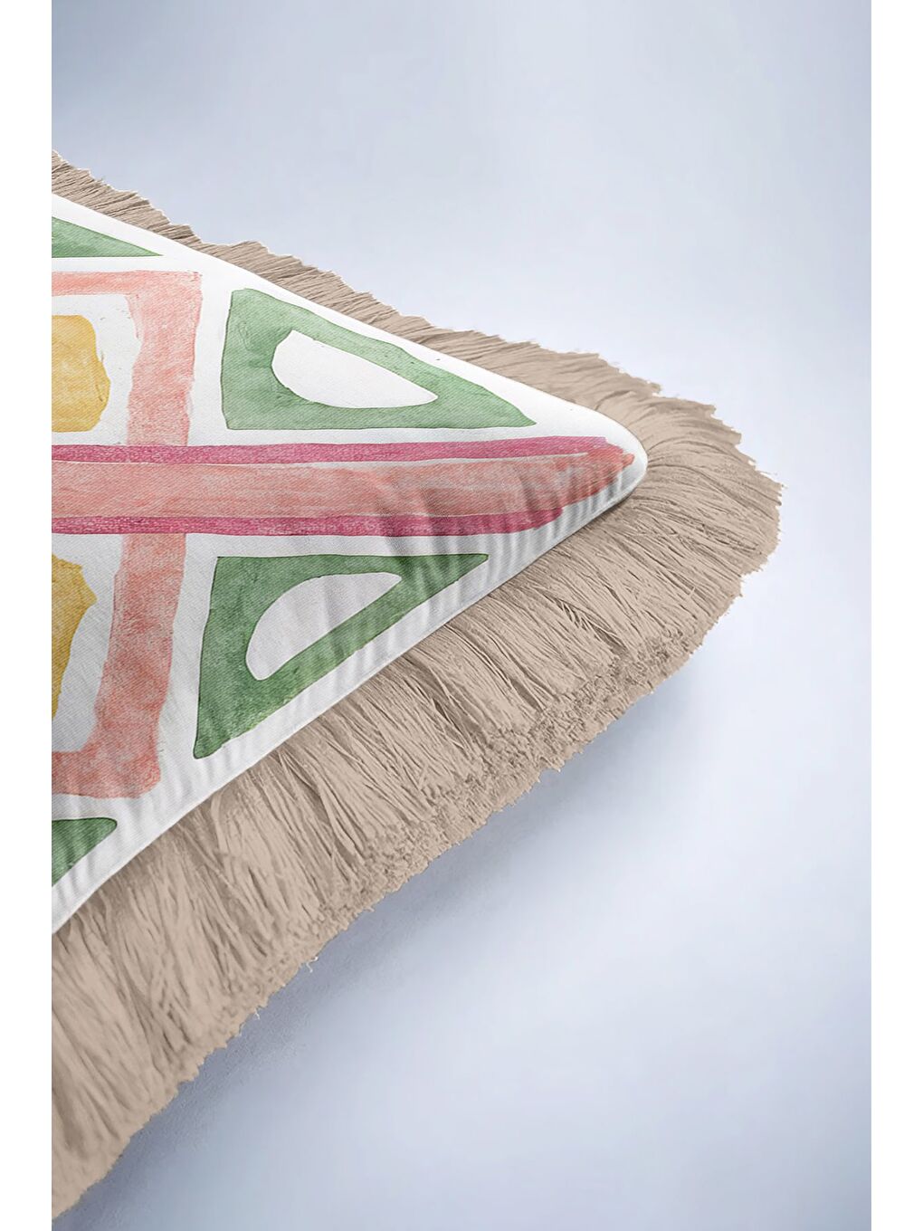 Karışık Etnik Motifli Saçaklı Yastık Kılıfı - Vintage Bohem Karma Renkli Bej Saçaklı Püsküllü Kırlent Kılıfı-6