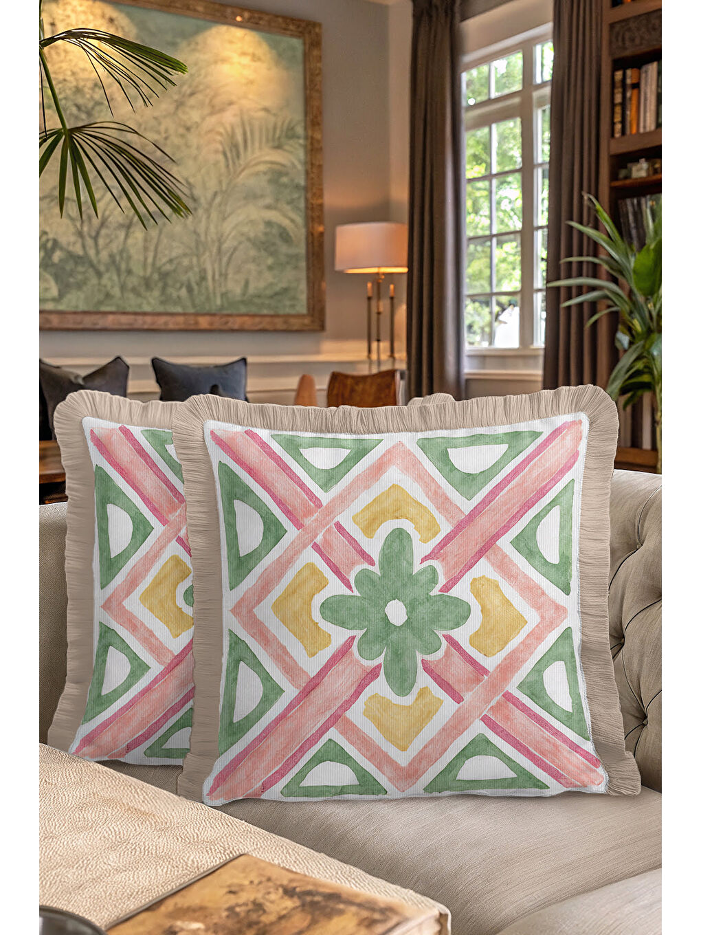 Karışık Etnik Motifli Saçaklı Yastık Kılıfı - Vintage Bohem Karma Renkli Bej Saçaklı Püsküllü Kırlent Kılıfı-7