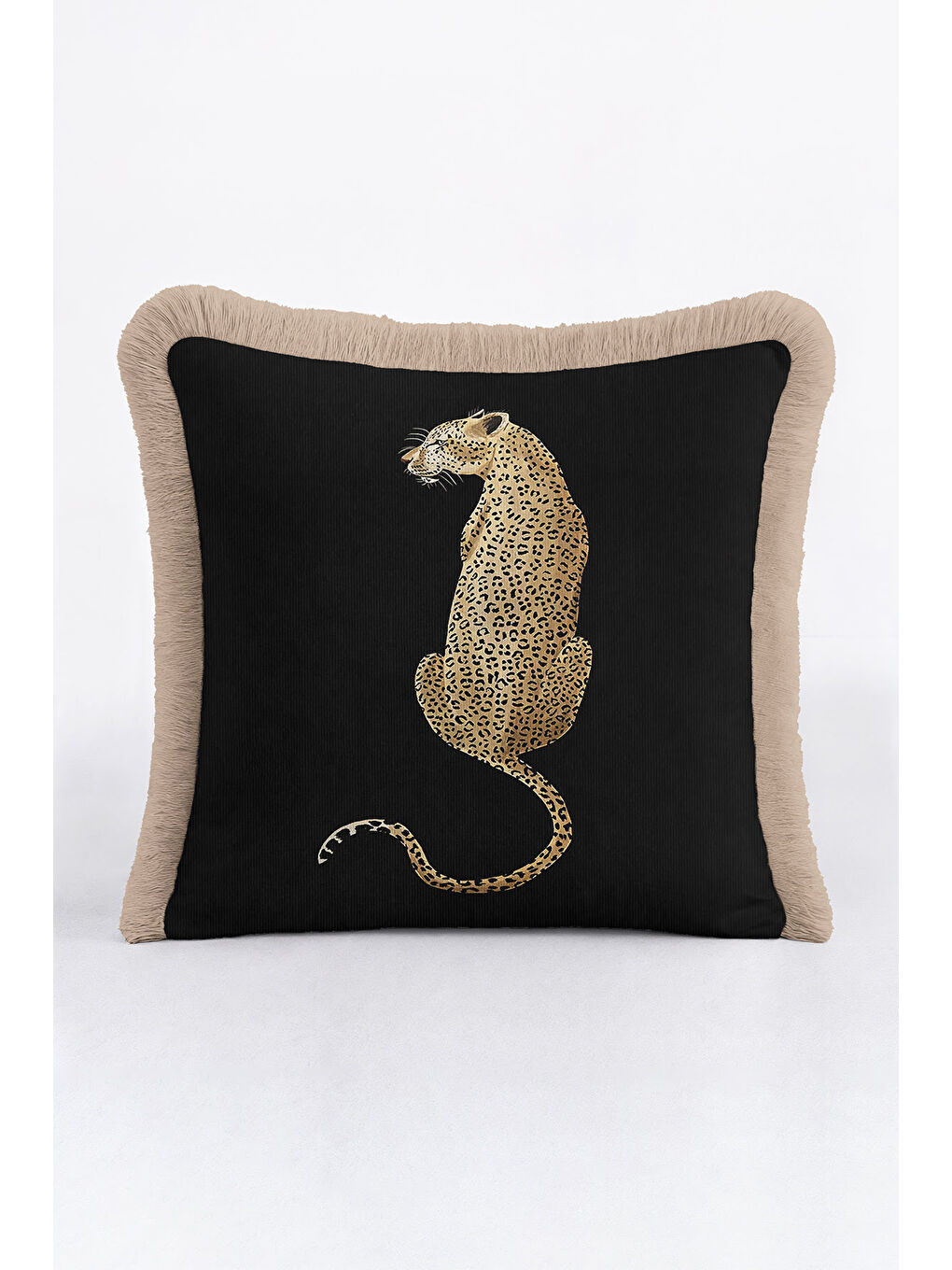 Karışık Lüks Vahşi Leopar Motifli Saçaklı Yastık Kılıfı - Safari Temalı Modern Siyah Püsküllü Kırlent Kılıfı-3