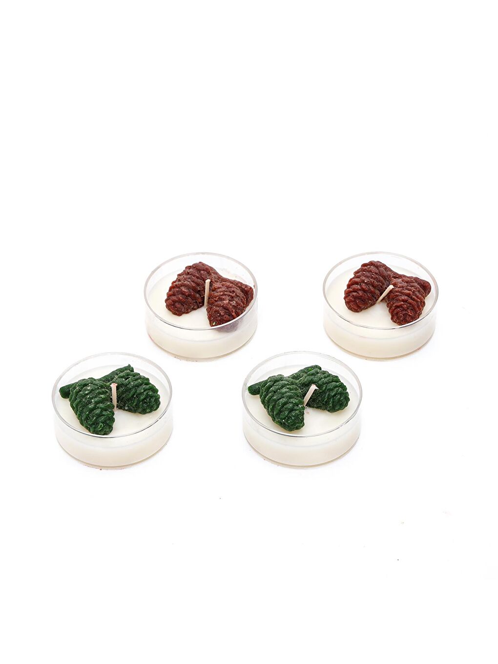 Ekru Yılbaşı 4'lü Spice Orange Kokulu Yeşil-Kahverengi Kozalak Dekorlu Tealight Mum Seti