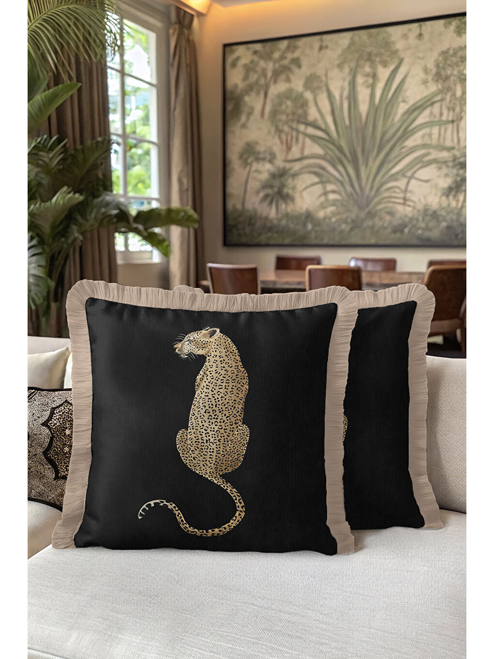 Karışık Lüks Vahşi Leopar Motifli Saçaklı Yastık Kılıfı - Safari Temalı Modern Siyah Püsküllü Kırlent Kılıfı-5