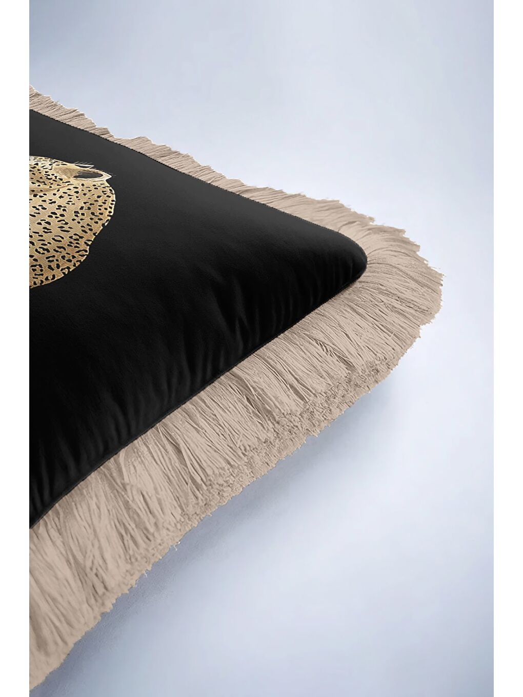 Karışık Lüks Vahşi Leopar Motifli Saçaklı Yastık Kılıfı - Safari Temalı Modern Siyah Püsküllü Kırlent Kılıfı-6