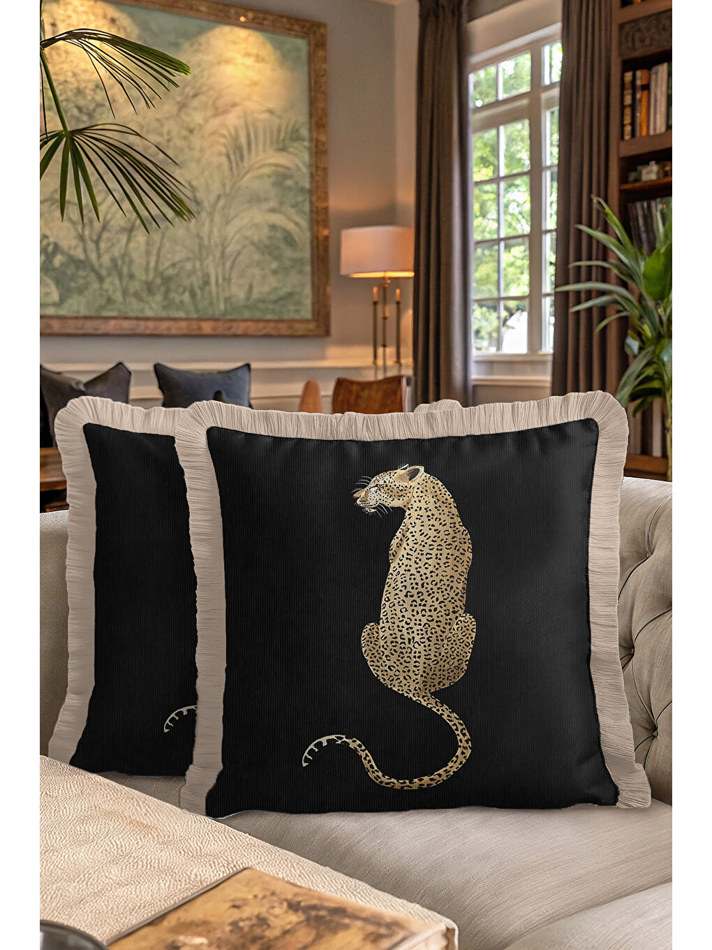 Karışık Lüks Vahşi Leopar Motifli Saçaklı Yastık Kılıfı - Safari Temalı Modern Siyah Püsküllü Kırlent Kılıfı-7