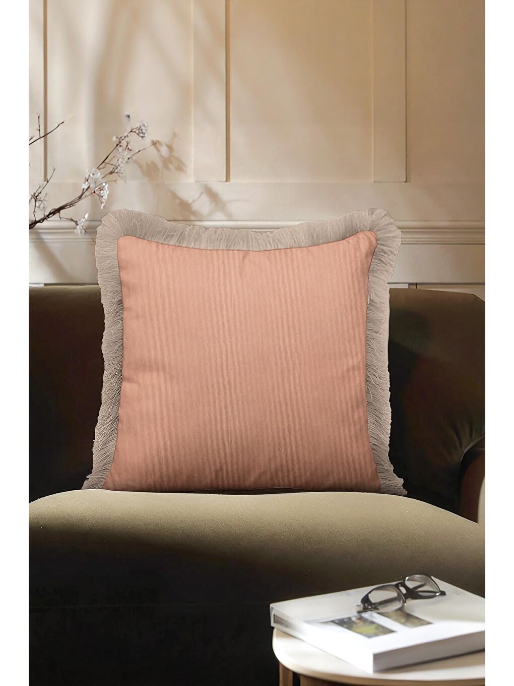 Karışık Zarif Modern Lüks Saçaklı Yastık Kılıfı - Pastel Pudra Tonu Bohem Bej Püsküllü Kırlent Kılıfı-3