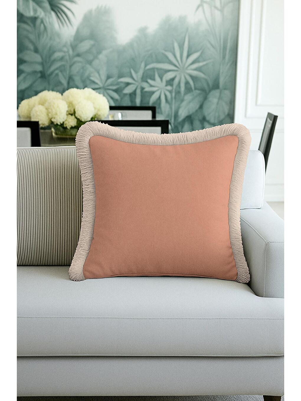 Karışık Zarif Modern Lüks Saçaklı Yastık Kılıfı - Pastel Pudra Tonu Bohem Bej Püsküllü Kırlent Kılıfı-4