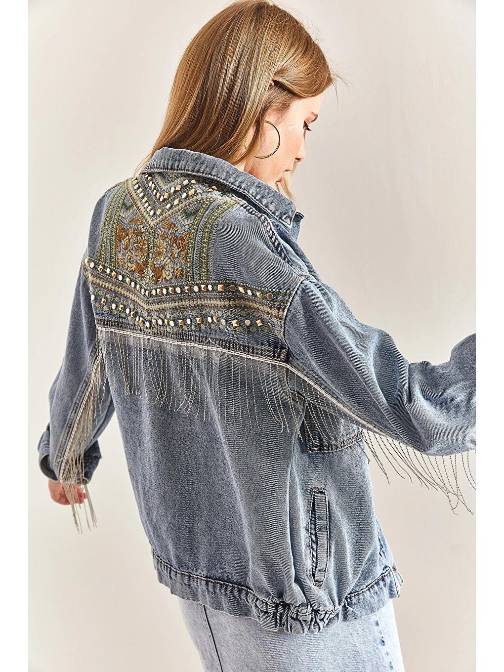 Mavi Kadın Nakışlı Taş İşlemeli Jean Ceket