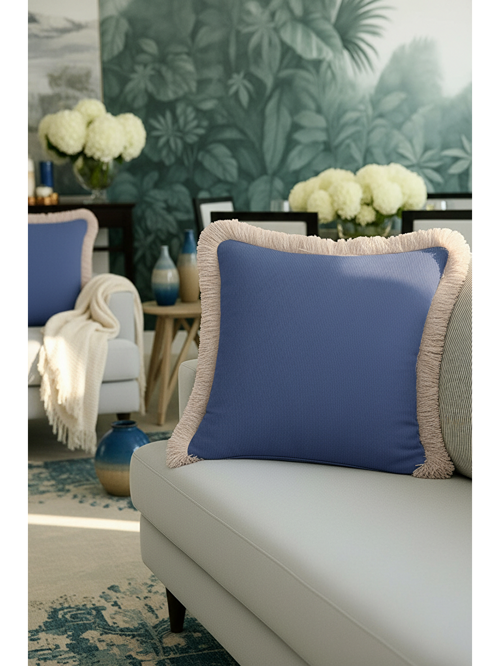 Karışık Zarif İpeksi Saçaklı Yastık Kılıfı - Klasik Mavi Bej Modern Püsküllü Kırlent Kılıfı-1