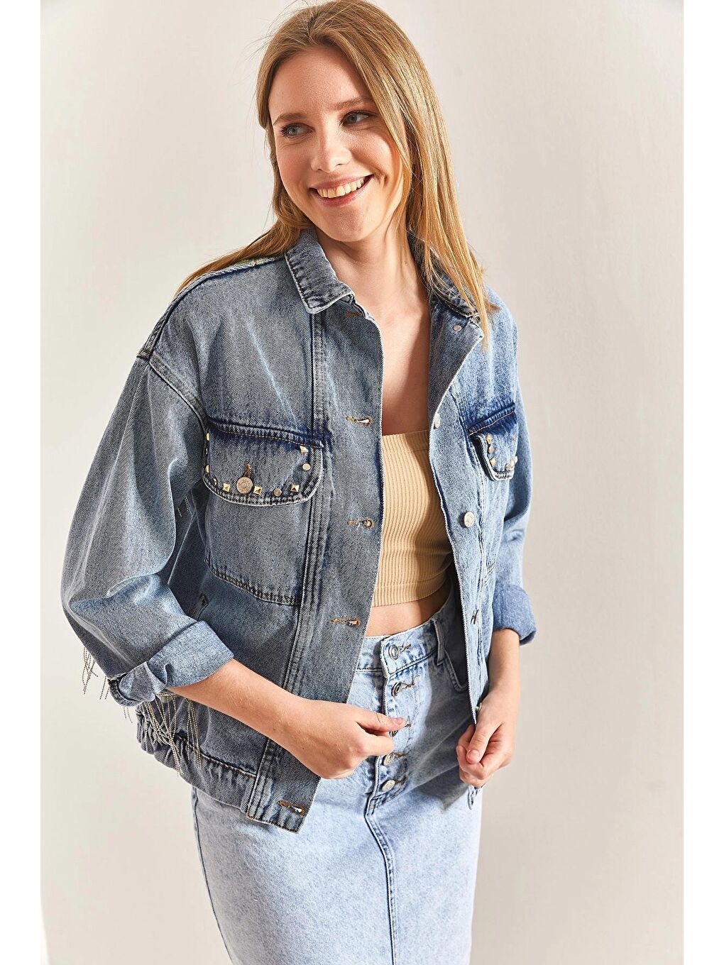 Mavi Kadın Nakışlı Taş İşlemeli Jean Ceket-3