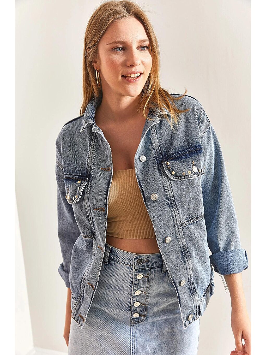 Mavi Kadın Nakışlı Taş İşlemeli Jean Ceket-4