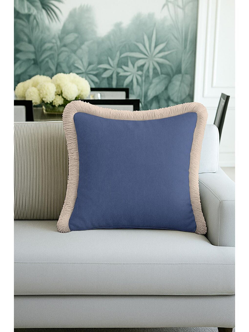 Karışık Zarif İpeksi Saçaklı Yastık Kılıfı - Klasik Mavi Bej Modern Püsküllü Kırlent Kılıfı-2