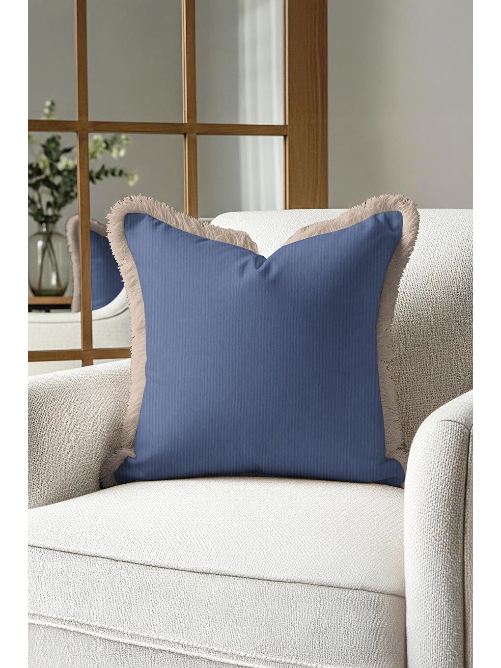 Karışık Zarif İpeksi Saçaklı Yastık Kılıfı - Klasik Mavi Bej Modern Püsküllü Kırlent Kılıfı-4