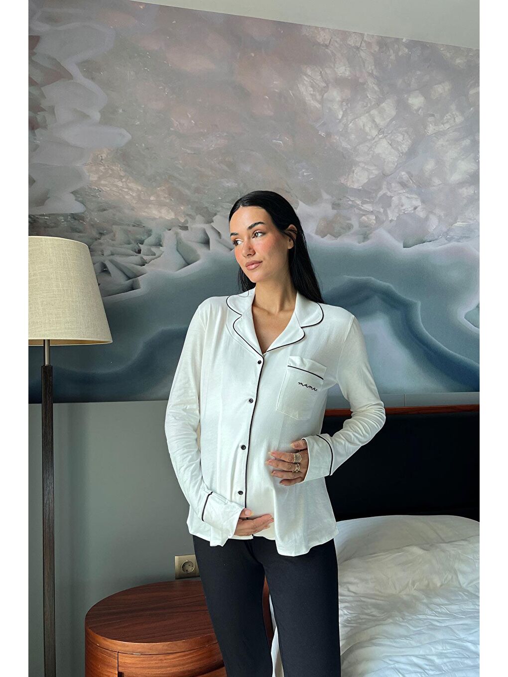 Pamuklu Uzun Kol Beyaz Hamile Pijama Üstü