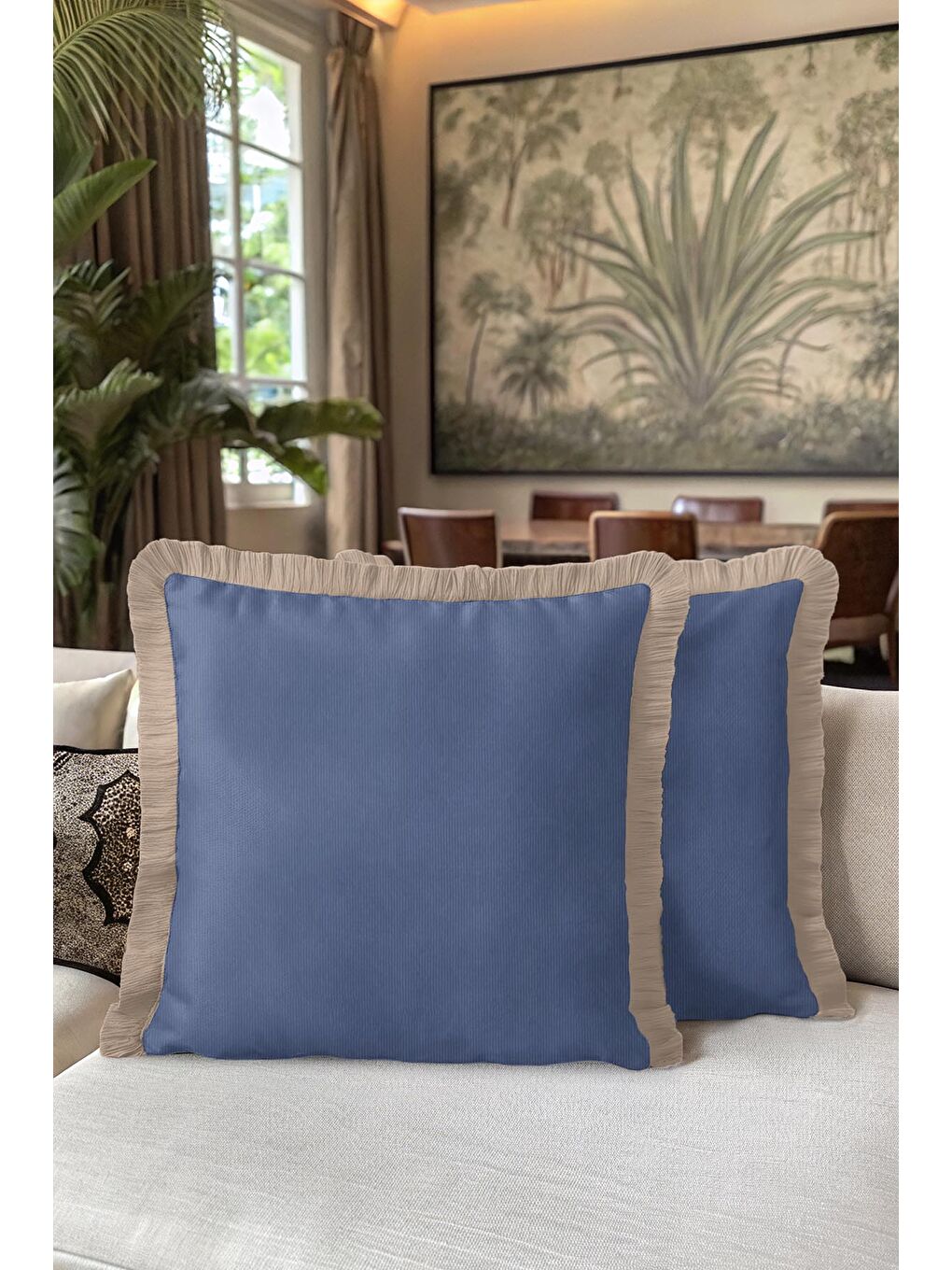 Karışık Zarif İpeksi Saçaklı Yastık Kılıfı - Klasik Mavi Bej Modern Püsküllü Kırlent Kılıfı-5