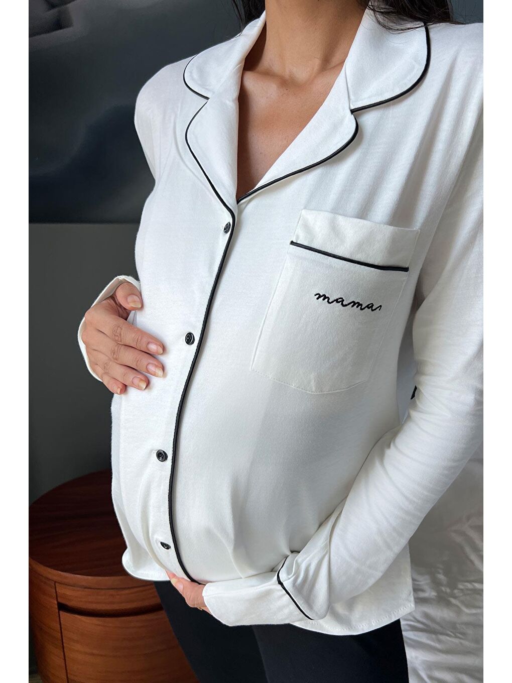 Pamuklu Uzun Kol Beyaz Hamile Pijama Üstü-1