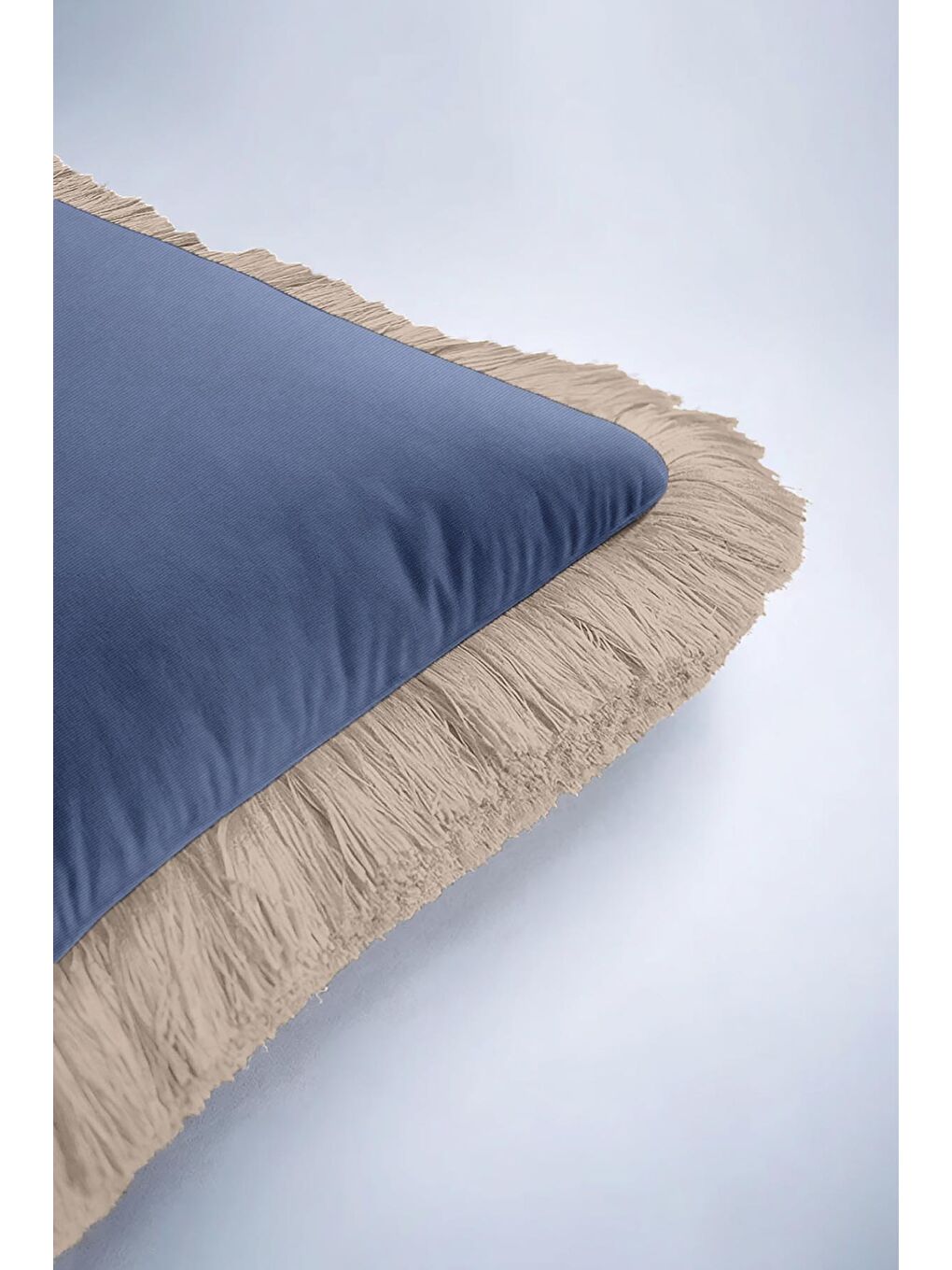 Karışık Zarif İpeksi Saçaklı Yastık Kılıfı - Klasik Mavi Bej Modern Püsküllü Kırlent Kılıfı-6
