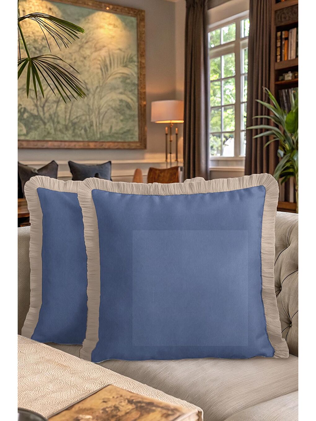 Karışık Zarif İpeksi Saçaklı Yastık Kılıfı - Klasik Mavi Bej Modern Püsküllü Kırlent Kılıfı-7