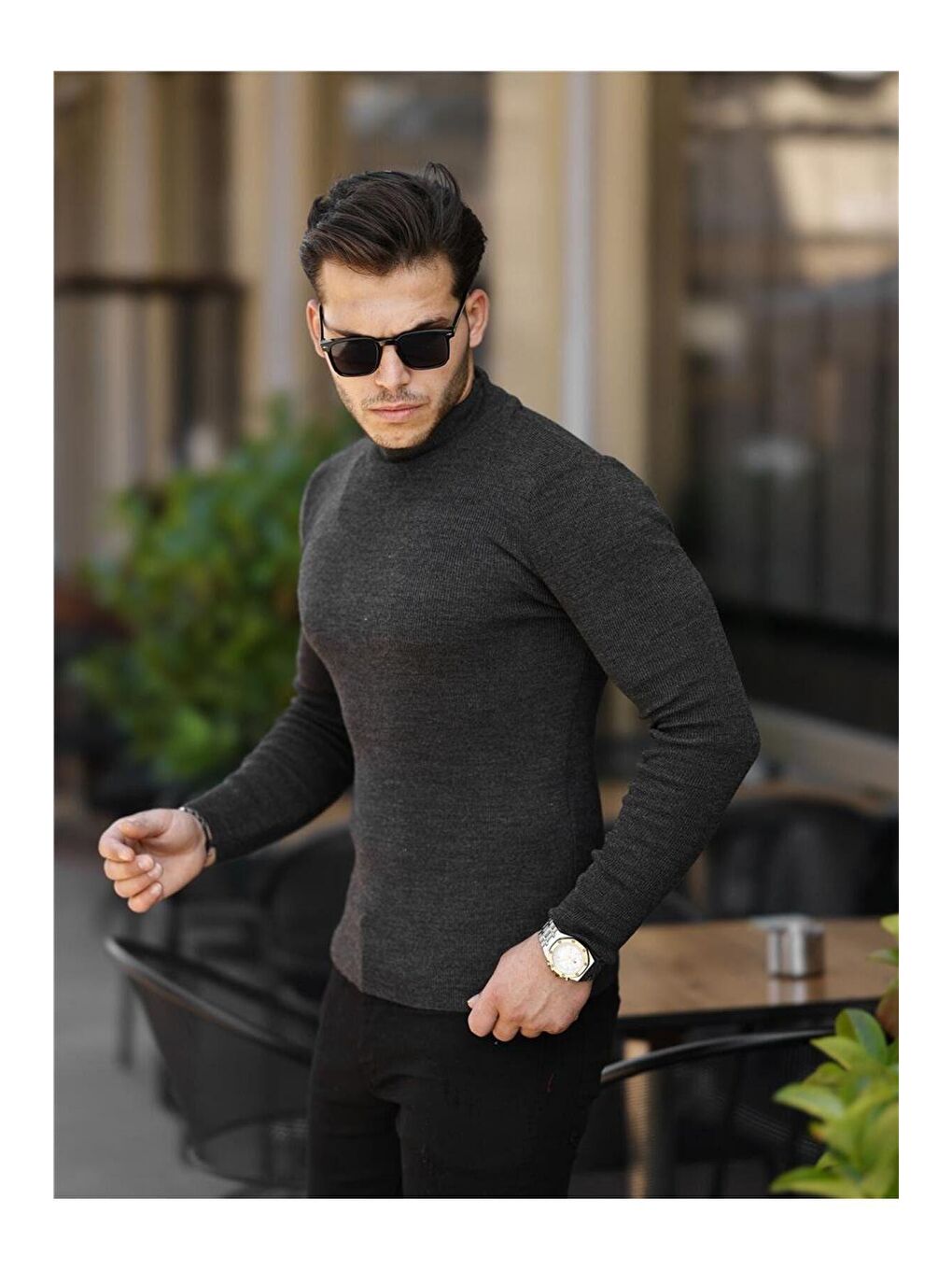 Gri Erkek Slim Fit Yarım Balıkçı Fitilli Triko Kazak