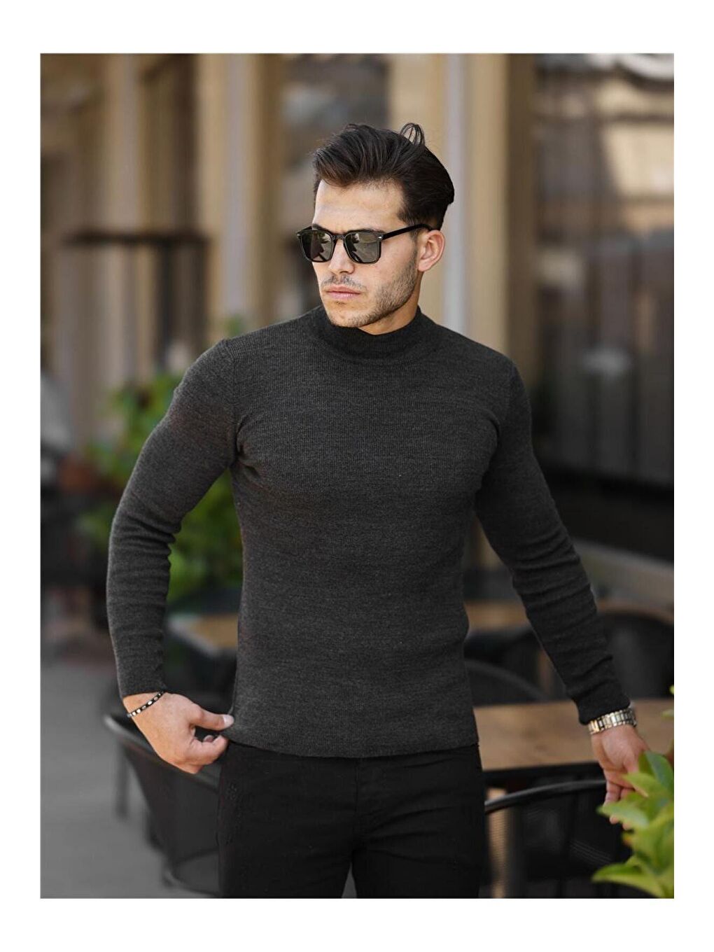 Gri Erkek Slim Fit Yarım Balıkçı Fitilli Triko Kazak-1