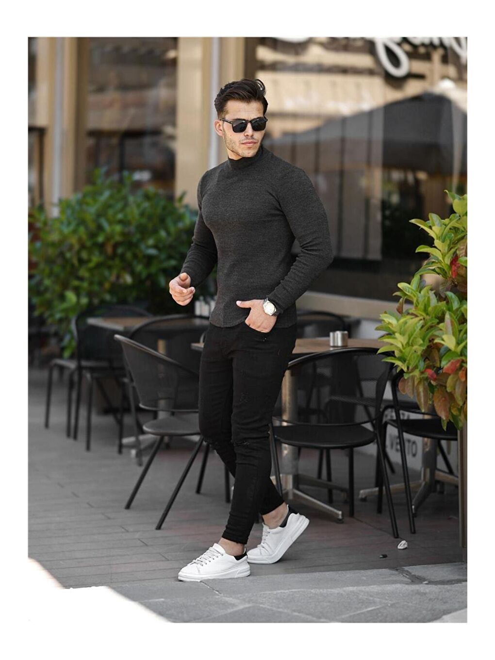 Gri Erkek Slim Fit Yarım Balıkçı Fitilli Triko Kazak-2