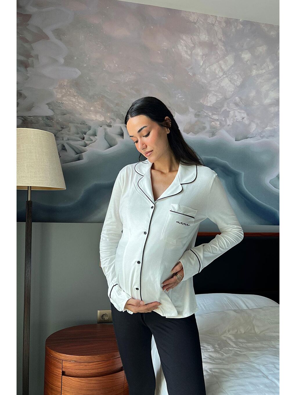 Pamuklu Uzun Kol Beyaz Hamile Pijama Üstü-2
