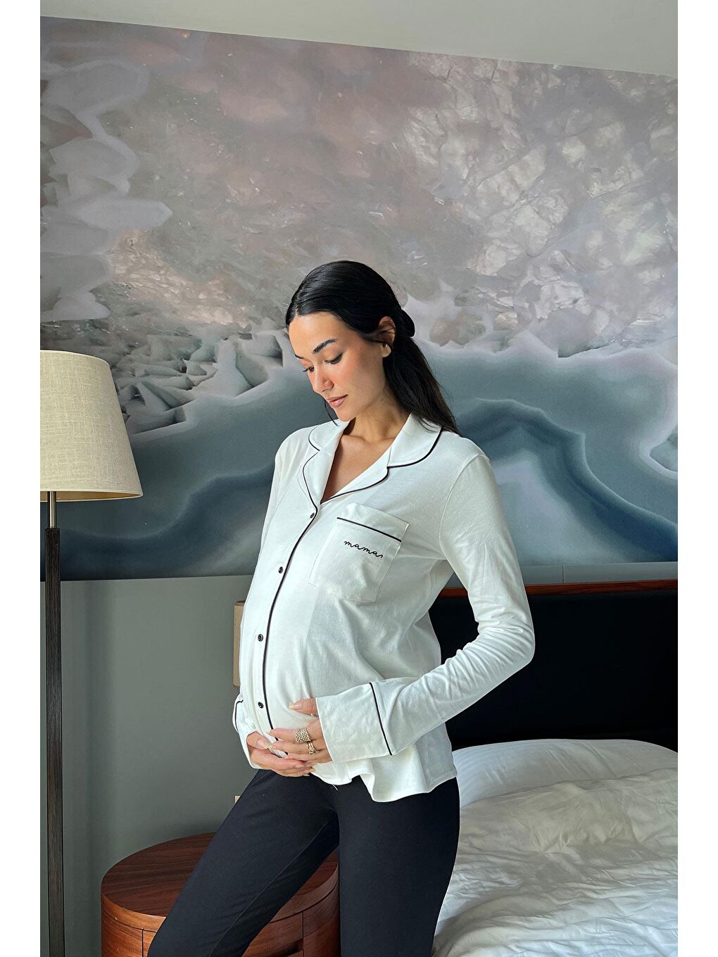 Pamuklu Uzun Kol Beyaz Hamile Pijama Üstü-3