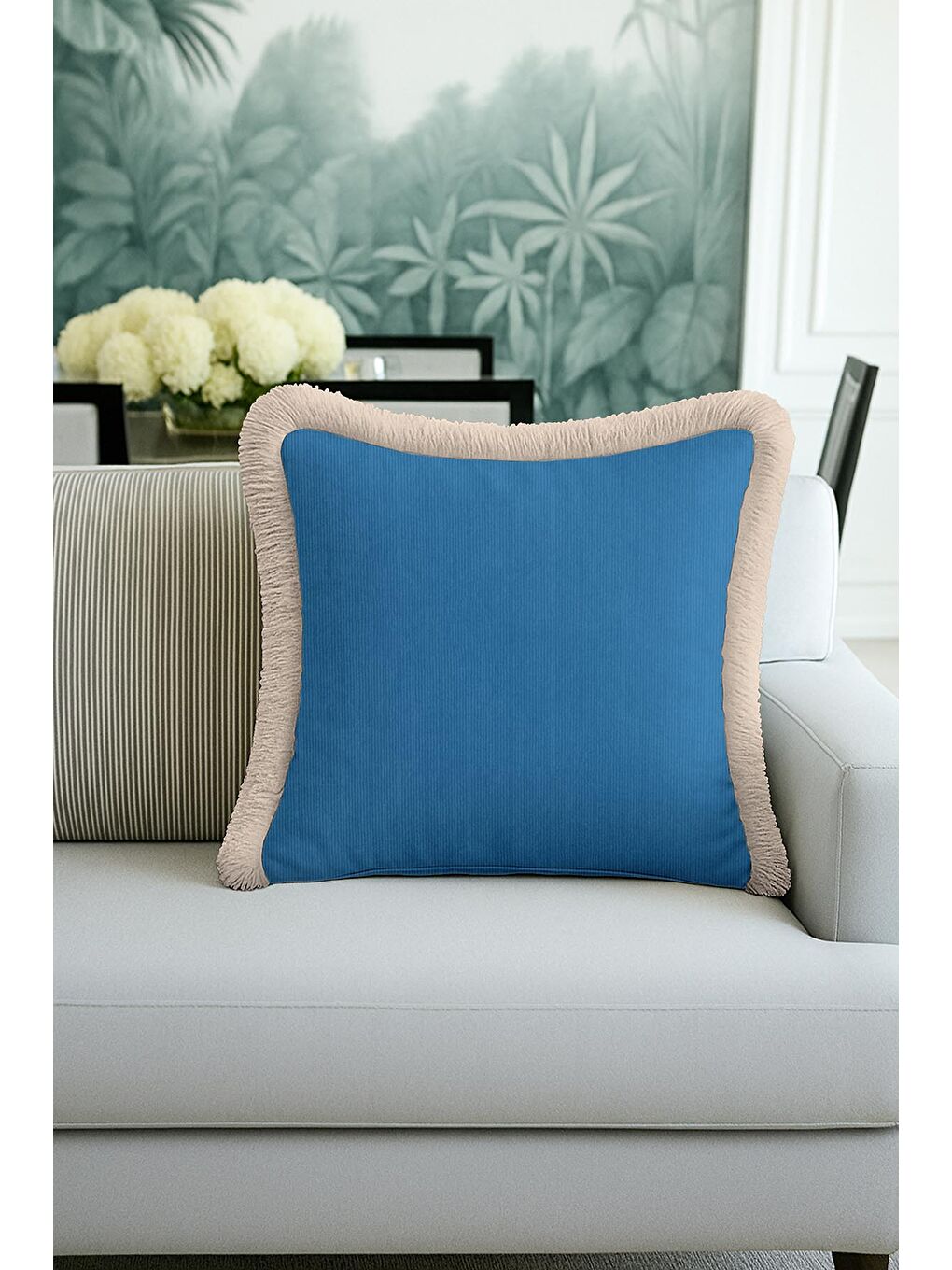 Karışık Zarif Mavi Lüks Saçaklı Yastık Kılıfı - Sofistike Bohem Gri Püsküllü Kırlent Kılıfı-2