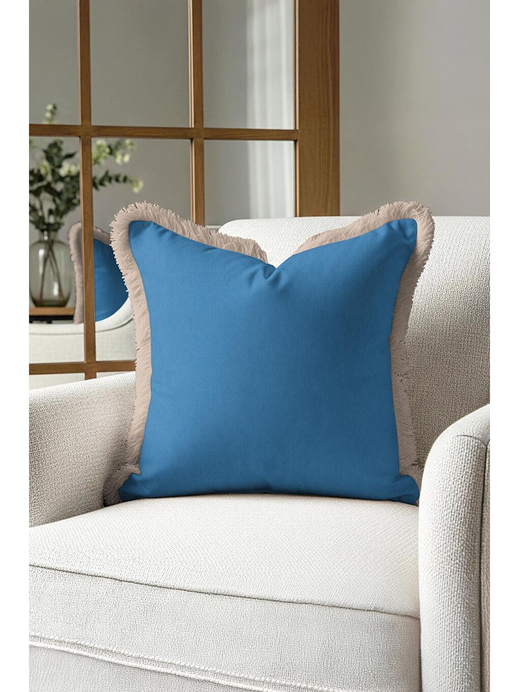 Karışık Zarif Mavi Lüks Saçaklı Yastık Kılıfı - Sofistike Bohem Gri Püsküllü Kırlent Kılıfı-3