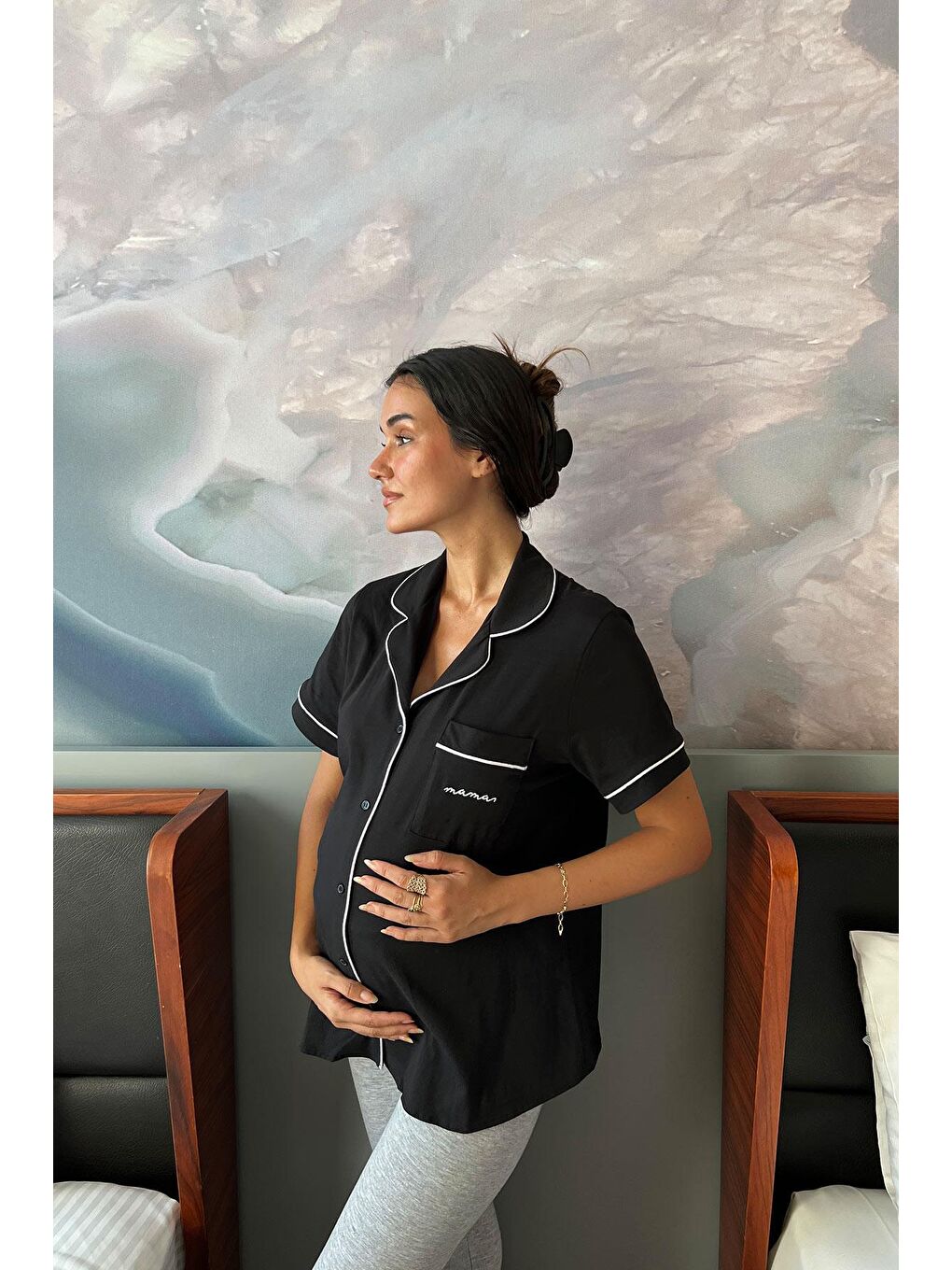 Pamuklu Kısa Kol Siyah Hamile Pijama Üstü